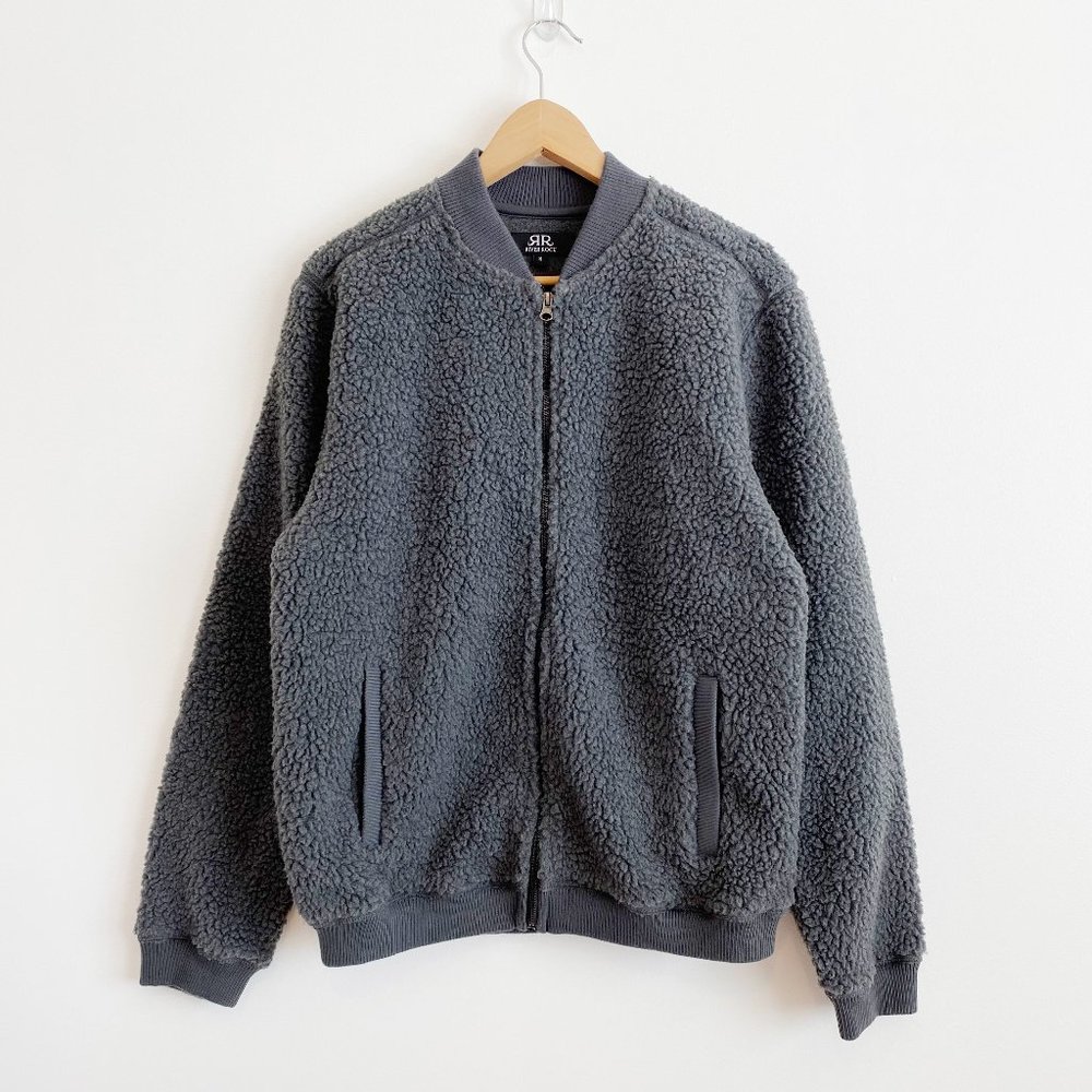 River Rock Men's Sherpa Bomber Jacket, Gray, Baseball Collar, Full Zipper, Small